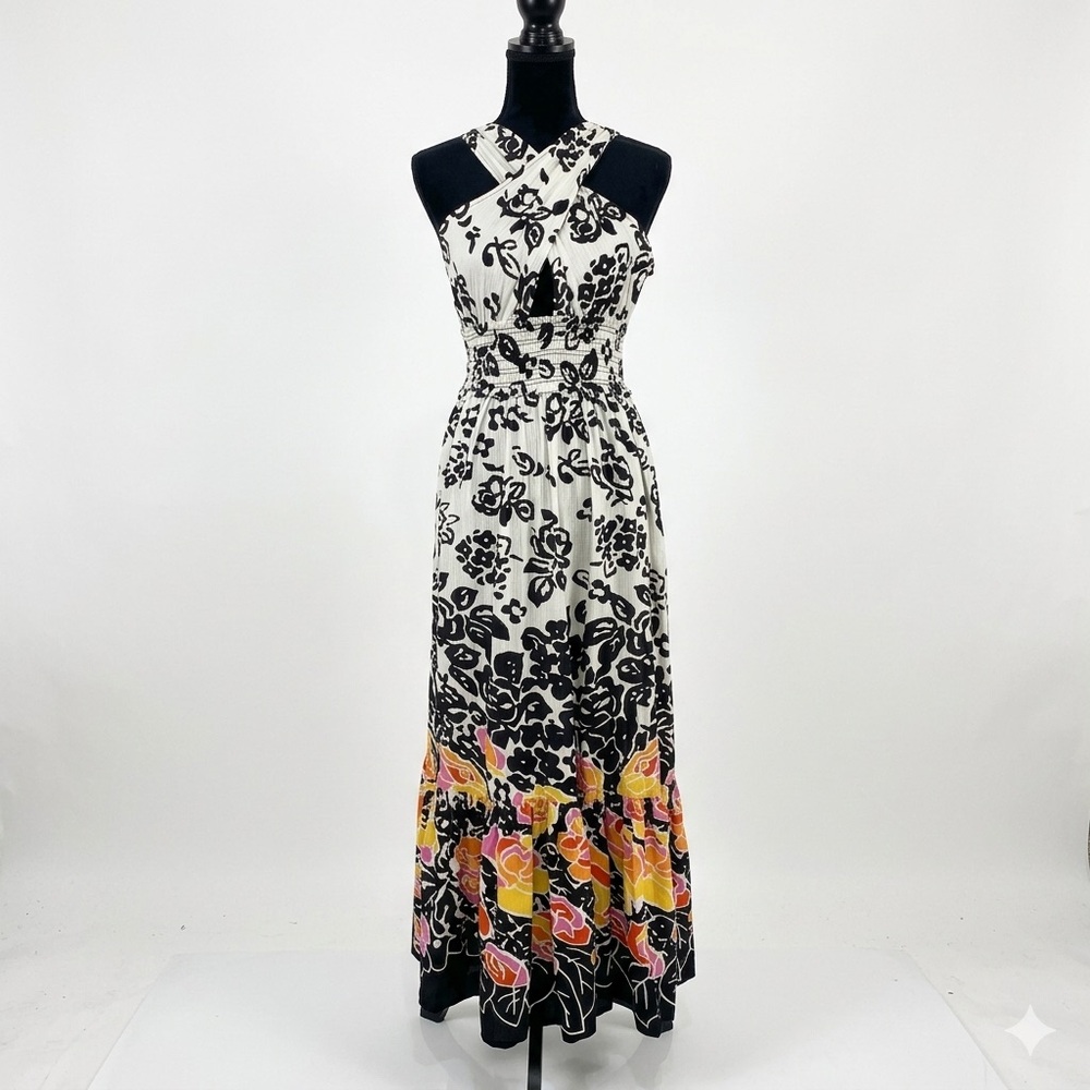 Plenty‎ by Tracy Reese Floral Crisscross Halter Maxi Dress XS Smocked Cotton